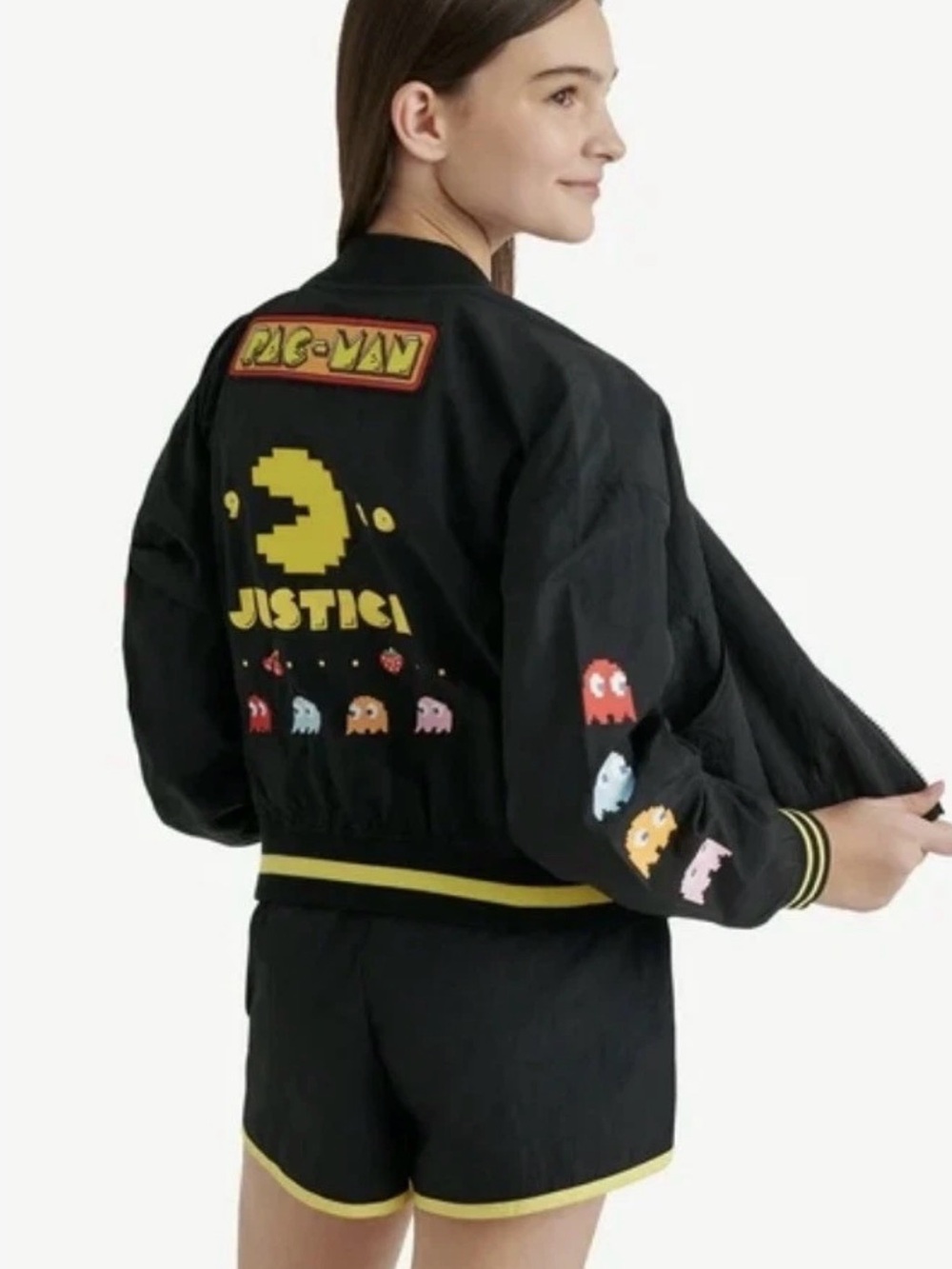 Pac-Man Graphic Bomber Jacket in Black & Yellow